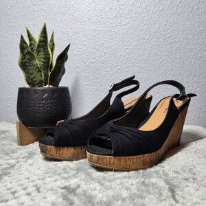 Solanz Black Wedge Peep Toe Sling Back Heels - Size 6